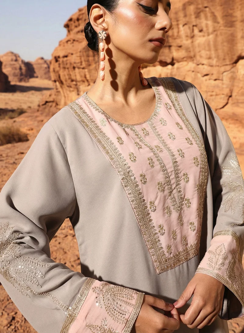 Ishin  Grey Zari Embroidered Colourblock Abaya for Women | Best Price UAE